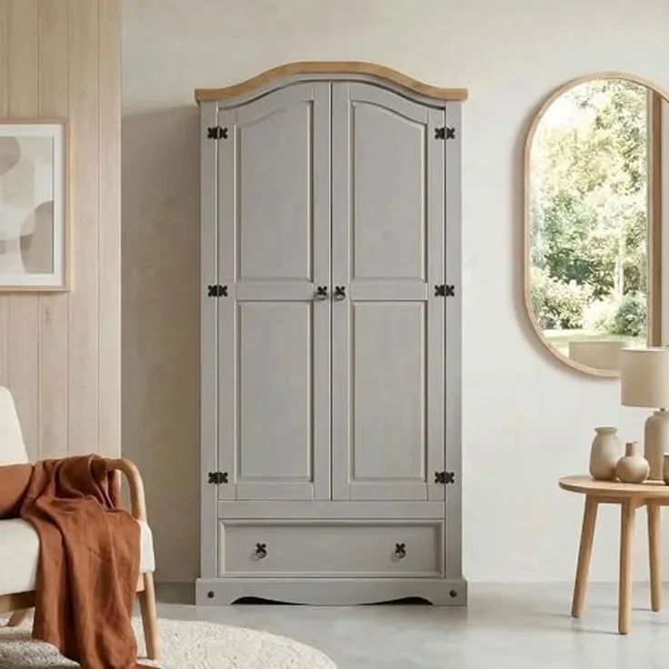 Kleiderschrank Ramon Garderobenschrank Mexiko Möbel Kiefer massiv,grau/gebeizt,gewachst, 2 Türen und 1 Schublade