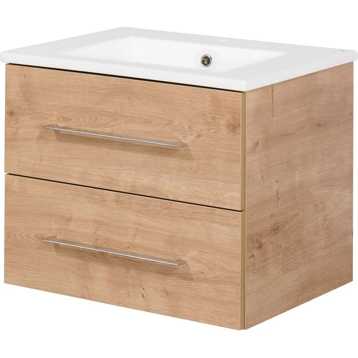 FACKELMANN B.PERFEKT Waschbecken mit Unterschrank 62 cm breit, Braun hell, Waschbecken Keramik Weiß