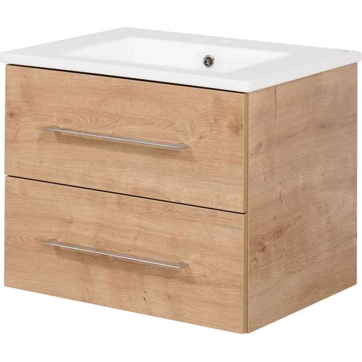 FACKELMANN B.PERFEKT Waschbecken mit Unterschrank 62 cm breit, Braun hell, Waschbecken Keramik Weiß – Bild 1