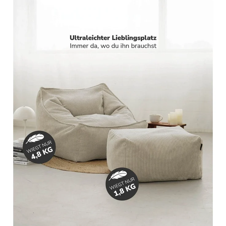 mokebo Sitzsack Sessel mit Hocker aus Cord 'Der Lümmel', XXL Sitzsack, Cord Sessel oder Sitz Sessel für Wohnzimmer und Wintergarten, auch als Riesensitzsack in 95 x 75 x 60 (BxHxT in cm) in Beige – Bild 2