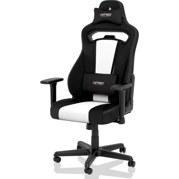 NITRO CONCEPTS E250 Gaming Stuhl - Bürostuhl Ergonomisch Schreibtischstuhl Zocker Stuhl Gaming Sessel Drehstuhl mit Rollen Stoffbezug Belastbarkeit 125 Kilogramm Schwarz/Weiß