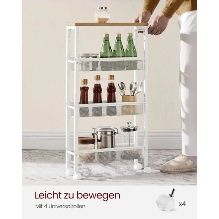 Vasagle Küchenwagen mit 4 Ebenen, Stahlgestell eichenfarben-weiß, 13 x 45,4 x 77 cm – Bild 5