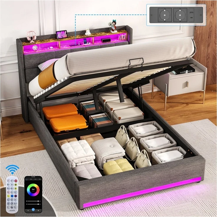 oyajia Polsterbett Doppelbett mit Stauraum gepolstertem Kopfteil (mit LED-Beleuchtung 90/140/160x200cm und hydraulischem Stauraum), Modernes Jugendbett, Leises Design Bett, Max. Belastbarkeit 365 kg – Bild 2