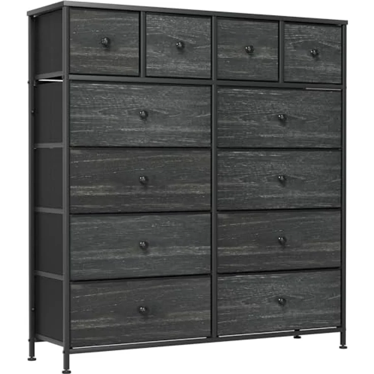 Clevich Stoff-Kommode, Schminktisch Schrank, Aufbewahrungsschrank, 12 Schubladen aus Stoff, Metallrahmen, industrieller Stil, für Wohnzimmer, Flur, Schlafzimmer (Schwarz) – Bild 2