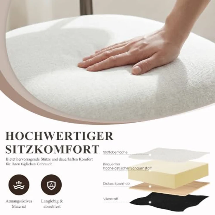 MALOL Esszimmerstühle 2er Set, Gepolsterte Stühle Esszimmer, Küchenstühle, Esstisch Stühle mit geschwungener Rückenlehne & Metallfüßen, moderne Stoffstühle für Küche, Wohnzimmer und Gastronomie, Beige – Bild 5