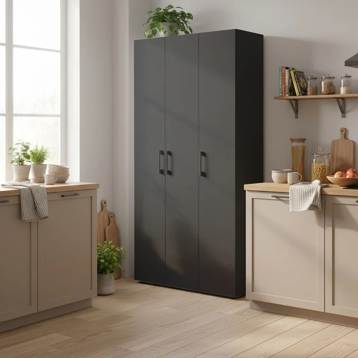 Bellamio 'Apol' Mehrzweckschrank, schwarz, 176x33x90 cm, Putzschrank mit 3 Türen und 5 Regalen, Besenschrank mit Staubsaugerfach – Bild 2