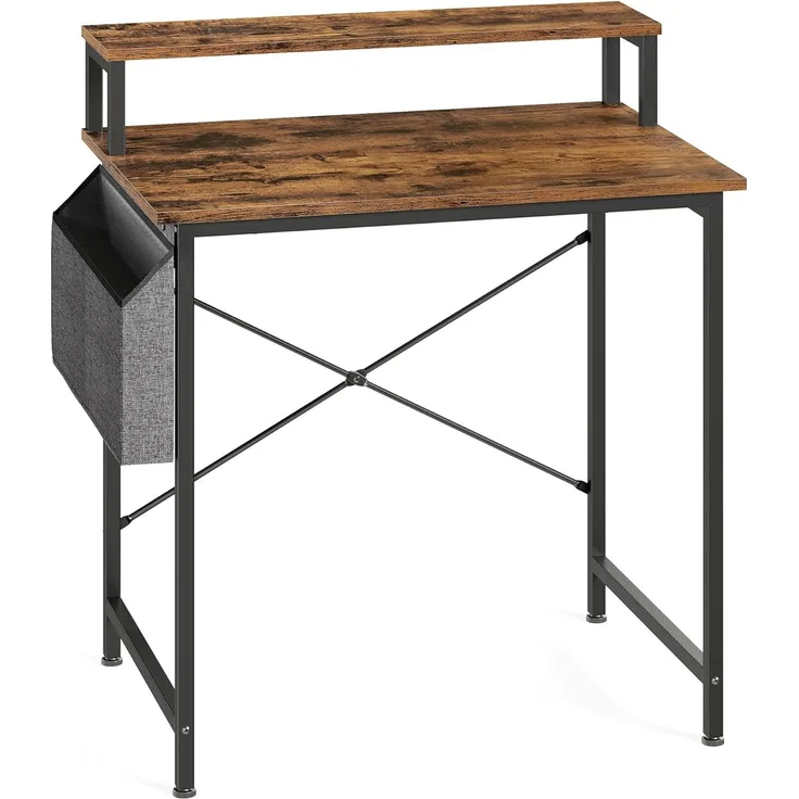 Vasagle Schreibtisch, Computertisch mit Monitorständer, Aufbewahrungstasche, verstellbare Füße, Industrie-Design, 80 x 55 x 90 cm, vintagebraun-schwarz LWD080B01