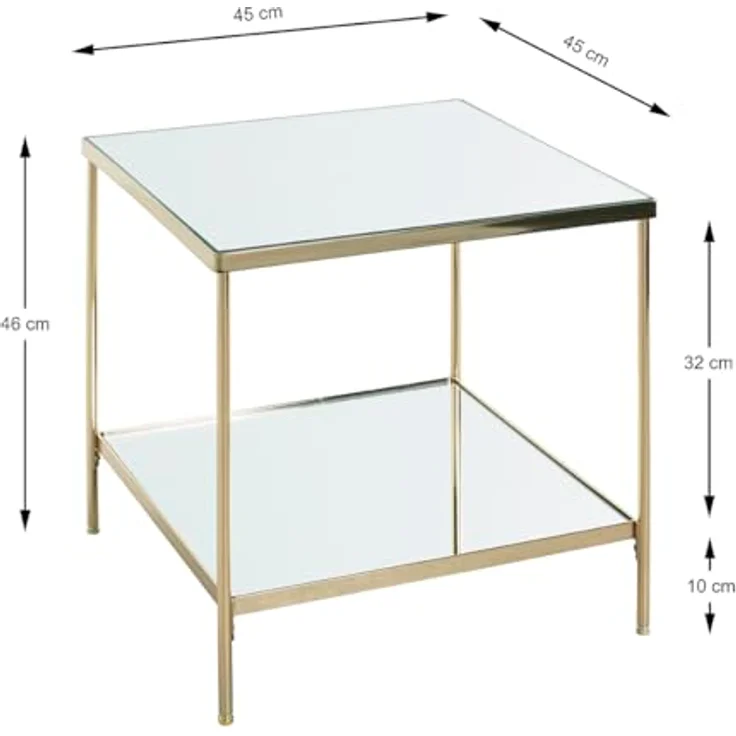 XXXL Beistelltisch Messing Quadrat, Metall/Glas, 45x46x45 cm, offenes Fach für Wohnzimmer – Bild 2
