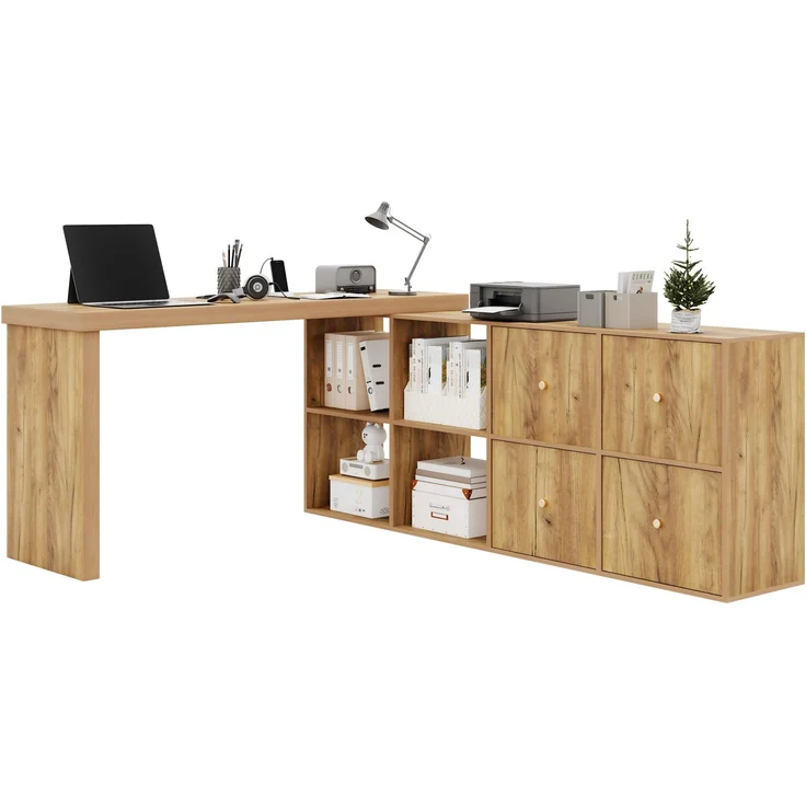 ZUBALIYA Ecktisch, Tischplatte 360°schwenkbar- L-förmig oder gerade aufstellbar,Tischplatte und Beine 4 cm verstärkt, mit 4 Fächern, 4 Schubladen - Schreibtisch,Eichenoptik, nach links gerichtet – Bild 5