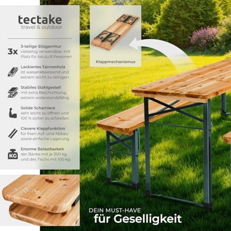 tectake® Bierzeltgarnitur klappbar, Biertisch Klapptisch mit 2X Bierbank, Gartenmöbel Set, Camping Zubehör, Klapptisch Esstisch, Camping Tisch faltbar, Balkontisch, Campingtisch klappbar – Bild 3
