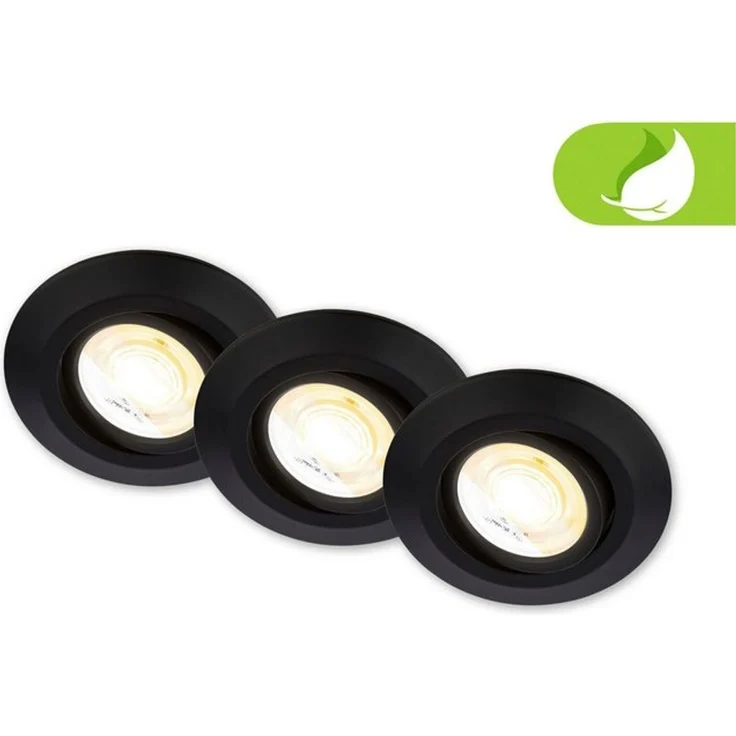 BRILONER - 3er Set LED Einbaustrahler 230V Gehäuse 50% recycelt, Schwenkbar, Ra90, Farbtemperaturwechsel, LED Spot, flach, Deckenspots, Einbauleuchten, 68mm Lochmass, 90x24 mm (DxH), Schwarz – Bild 1