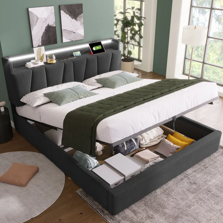 Polsterbett 160x200 cm mit Steckdosen, USB, RGBW-LED-App-Steuerung, Stauraum-Kopfteil & Bettkasten, Stoffbett Grau – Bild 6