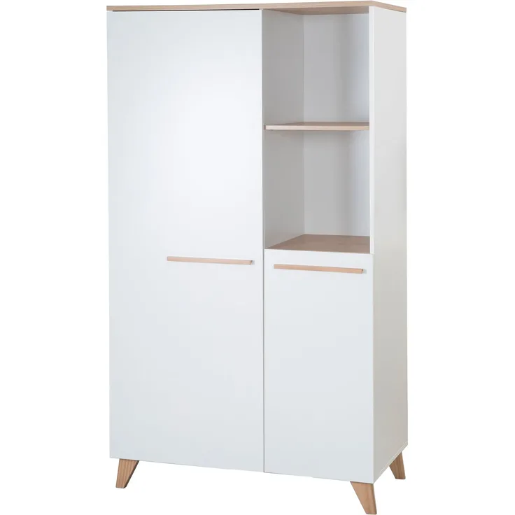 roba Kinderkleiderschrank 2-türig Leon - Hochwertige Griffe & Füße aus massivem Holz - Schrank mit zwei offenen Fächern - Weiß / Dekor Othello Eiche