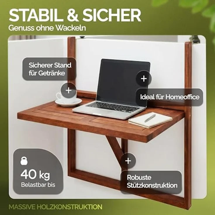 Casaria Balkontisch Balkonhängetisch Balkon Tisch klappbar Akazie Holz – Bild 5