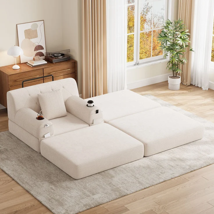ZUBALIYA Schlafsofa 162x81 cm, mit Stauraum, mit Samtbezug, mit Cordbezug, mit Knopfheftung, mit breiten Armlehnen, Beige – Bild 1