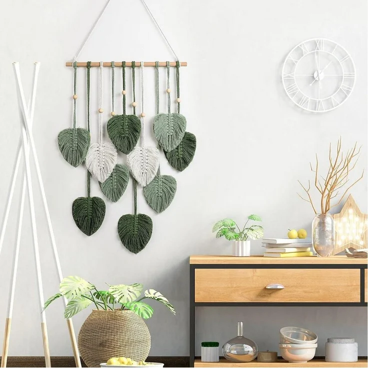 Blusmart Wandteppich Gewebter, handgefertigter Wandteppich, Höhe: 90 mm, Wandbehang mit Blattmotiv aus Baumwollseil – Bild 2