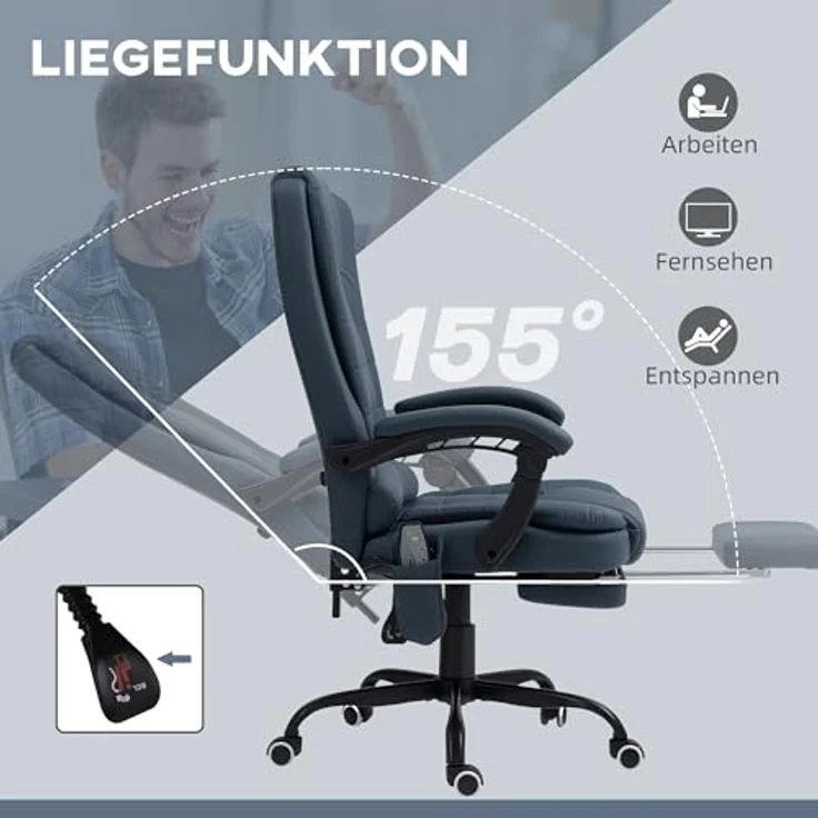 Vinsetto Bürostuhl, Drehstuhl mit 7-Punkt-Massagefunktion, verstellbarer Rückenlehne und einklappbarer Fußstütze, Blau, Kunstleder, 79x121x67 cm – Bild 5