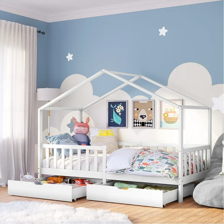 Bellabino Kinderbett Bia mit Rausfallschutz & Lattenrost (weiß, mit zwei Schubladen), Kinderbett aus Kiefernholz, verfügbar in 80x160/90/120/140x200 cm