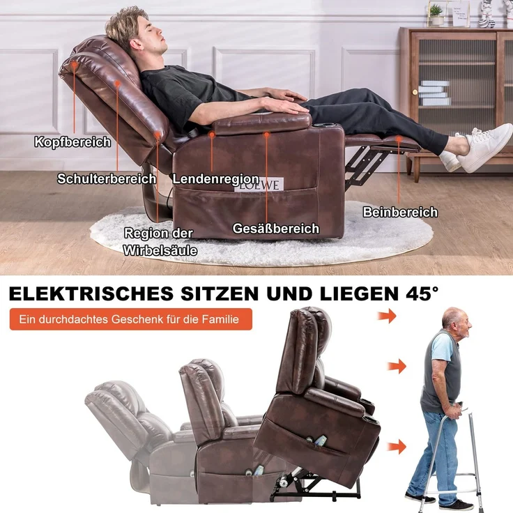 COMHOMA elektrischer Aufstehsessel, Relaxsessel Fernsehsessel Massagesessel mit Liegefunktion Sessel mit Aufstehhilfe Powerlift-Liegestuhl für ältere Menschen braun – Bild 6