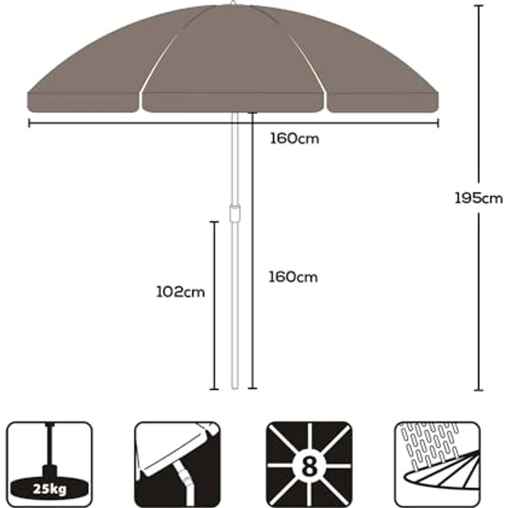 Sekey Sonnenschirm Ø 160 cm Balkonschirm Rund Strandschirm Sonnenschirm mit Schutzhülle, LxB: 160,00x160,00 cm, Neigungswinkel verstellbar, Höhe verstellbar, mit Tragetasche – Bild 8