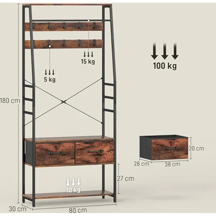 HOMCOM Garderobenständer mit 10 Haken, (Jackenständer, 1 St, Kleiderständer), für Eingangsbereich, Flur, Rustikal-Braun – Bild 8