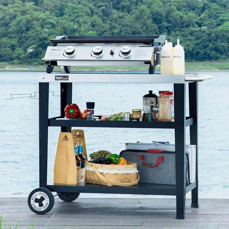 Royal Gourmet Servierwagen 3-Etagen mit Müllsackhalter Küchenwagen Edelstahl Beistelltisch Outdoor Plancha Grilltisch Rollwagen Trolley Silber Arbeitsplatte 85 x 50cm – Bild 2