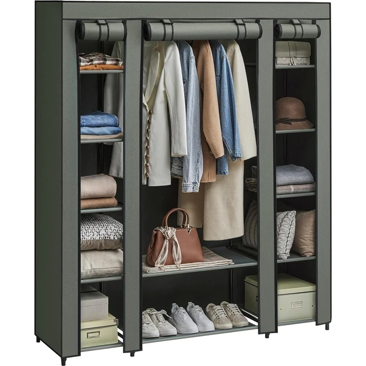 Songmics Kleiderschrank, Stoffschrank, mit Überzug aus Vliesstoff, Faltschrank mit Kleiderstange, 45 x 150 x 175 cm, 12 Ablagen, Metallrahmen, Schrank fürs Schlafzimmer, salbeigrün LSF003C02 – Bild 1