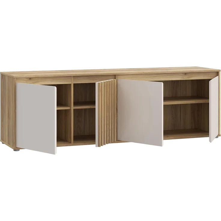 Forte ELISTON TV-Schrank 170 180, modernes Lowboard mit Lamellendesign, 4-türig, Wohnzimmer, Mauvella Eiche Holzdekor|Kashmir Beige, 174,3 cm breit x 56,1 cm hoch x 41,5 cm tief – Bild 5