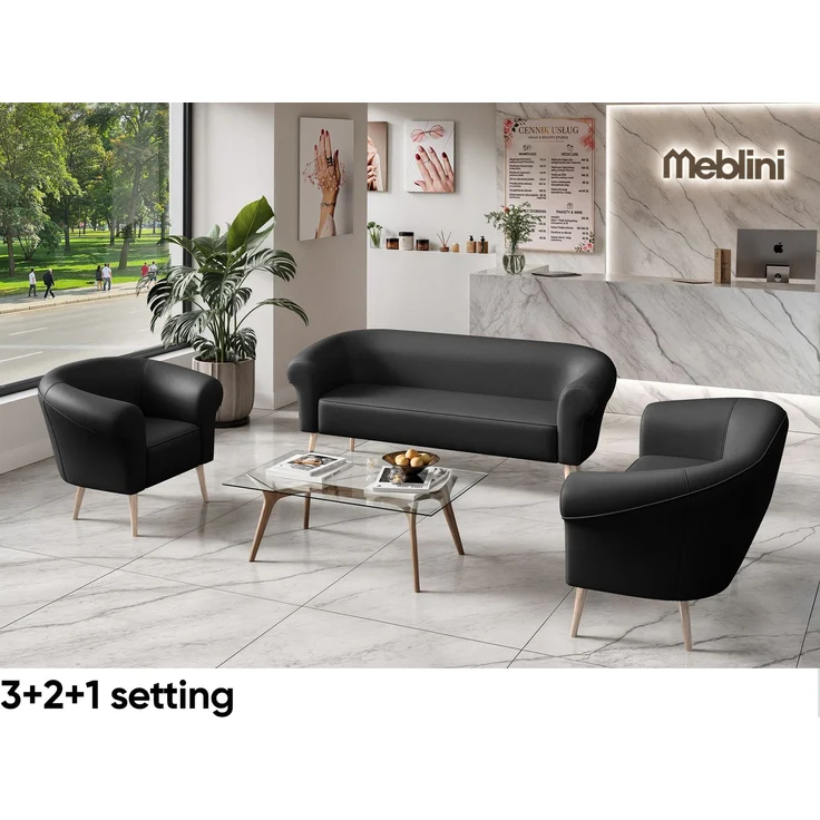 MEBLINI Sofa-Set EMILIA 3+2+1 - Schwarz Kunstleder - für Wohnzimmer - Mini Lounge für sechs Personen - Küchensofa - Sofa Klein - Sitzgarnitur - Polstergarnitur - Sofagarnituren – Bild 2