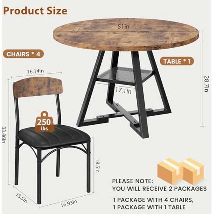 Jocoevol Runder Esstisch und 4 Esszimmerstühle Set, Essgruppe 5-Teilig, Esszimmertisch mit Ablage und 4 stühle, platzsparender Küchentisch aus Holz im Industrial Design (Vintage Braun, 130 x 130 x 76 cm) – Bild 8