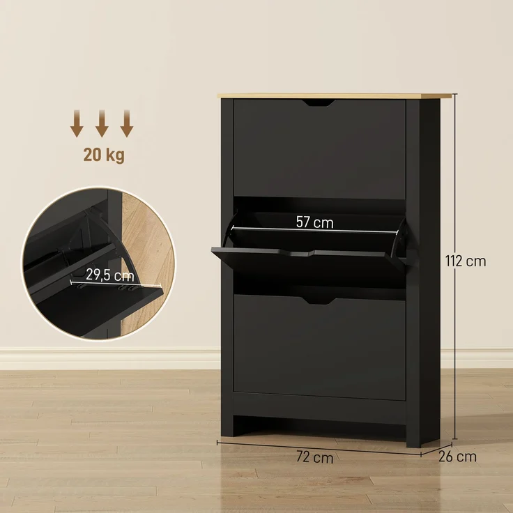 Schuhschrank mit 3 Klapptüren, 2 Fächern, Spanplatten, schwarz-Eiche – Bild 5