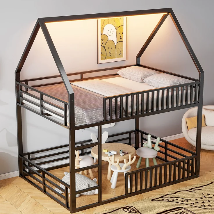 U-life Haus-Etagenbett 140x200 cm mit Sicherheitszaun, LED-Beleuchtung und 2 Lattenrosten, Schwarz – Bild 5