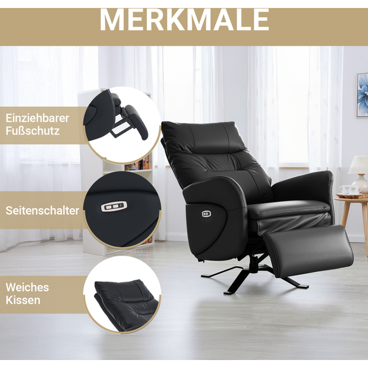 HOME NATURE WOHNKONZEPT Elektrischer Relaxsessel mit USB-Anschluss, elektrisch verstellbarer TV-Sessel mit Liegefunktion, Kunstleder Schwarz, bis 350 kg, FT9207-A – Bild 4