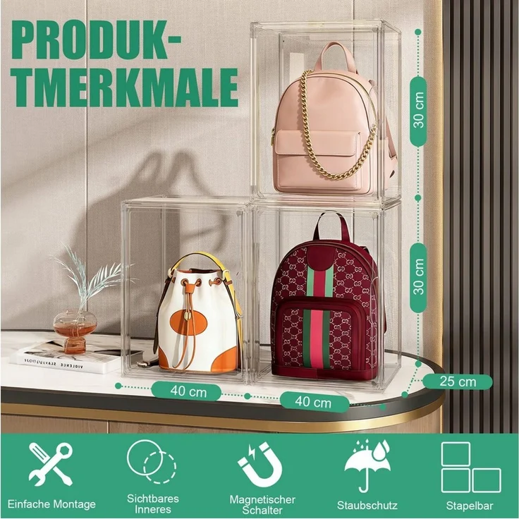 XIIW Vitrine Acryl Schaukasten Organizer Transparent Stapelbar Aufbewahrungsbox (Set, 4er Set, 40 × 25 × 30 cm) Displaybox mit Magnettür für Taschen, Schuhe & Accessoires – Bild 2