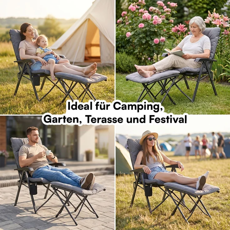 STEELSØN 'Hoggar' Set aus Campingstuhl mit Seitentasche & Getränkehalter und Hocker, faltbar, grau, gepolsterter Campingstuhl, bis 150 kg – Bild 10