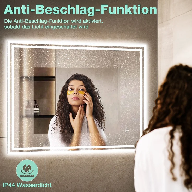 GIMBELEN LED Badezimmerspiegel 80x60 cm, rechteckiger Wandspiegel mit Beleuchtung, 3 Lichtfarben, dimmbar, Anti-Beschlag, Touch-Schalter, explosionssicheres Glas, IP44, Weiß – Bild 3