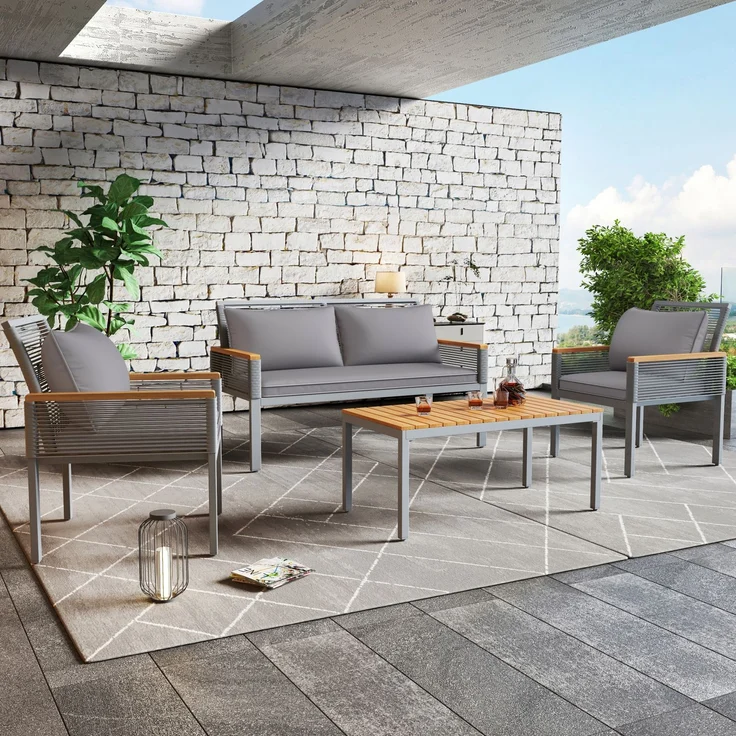 Merax Gartenlounge-Set für 4 Personen, Gartenmöbel Set mit bequemem Kissen, Doppelsofa, 2 Sessel und Tisch, Outdoor, Rattan, Tisch und Stühle, grau – Bild 4