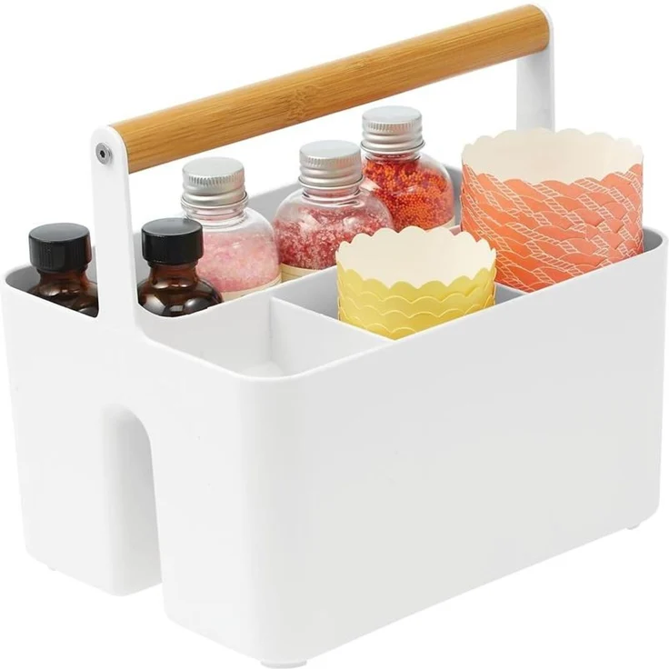 mDesign Besteckkorb Aufbewahrungskorb Holzgriff 4 Fächer Organizer Weiß – Bild 7