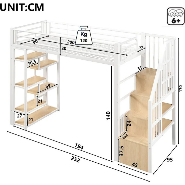 Ulife Hochbett mit Eisenrahmen, Ablagefach, integrierte Stufen, 90 x 200 cm – Bild 2