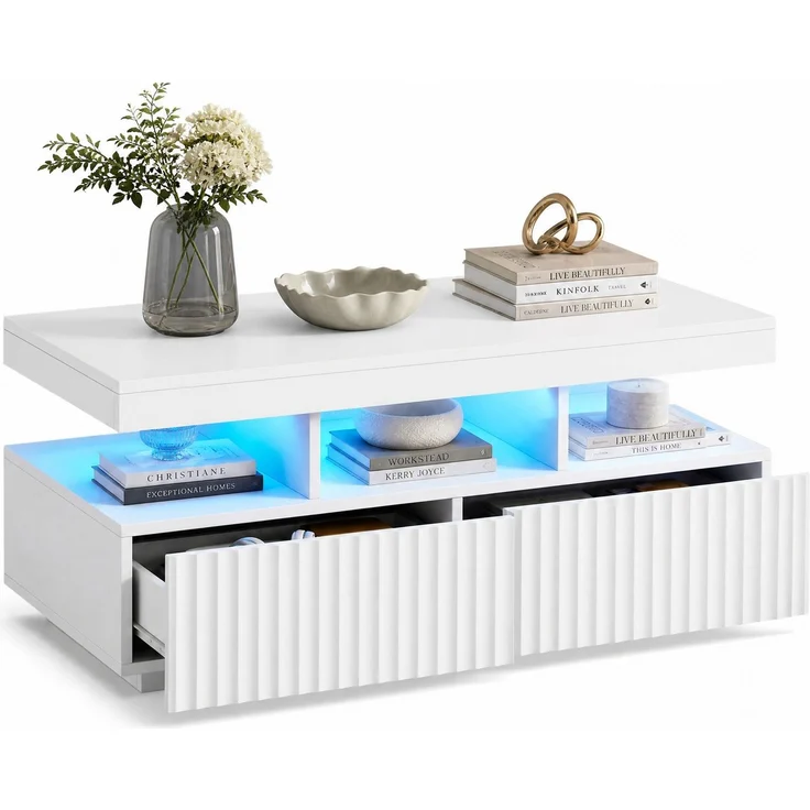 DESVIAE Couchtisch mit 2 Schubladen und LED-Beleuchtung 100x45x50 cm Spanplatte Weiß – Bild 7