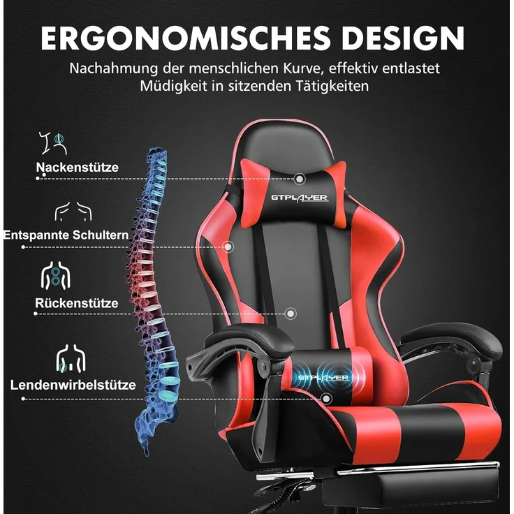 GTPLAYER Gaming Stuhl, Bürostuhl, Ergonomischer Pc Stuhl, Gaming Sessel mit Massagelendenwirbelstütze, Task Stühle mit Fußstütze und Kopfstütze, Rot Kunstleder – Bild 5