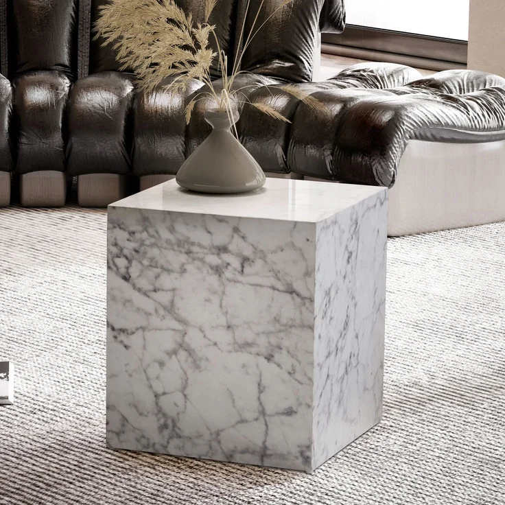 Couchtisch Monobloc 40x40x45cm Weiß Hochglanz Marmoroptik Quadratisch – Bild 1