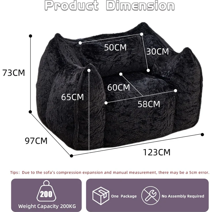 Riesiger Sitzsack mit Kissen, bequemer großer Sitzsack für Erwachsene und Kinder, Kunstfell-Bodensofa für Wohnzimmer, Schlafzimmer, Wohnung, Schwarz – 123 x 97 x 73 cm – YOUDENOVA – Bild 3