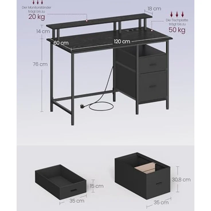 VASAGLE Gaming-Schreibtisch, mit Schubladen aus Stoff, Computertisch mit Bildschirmhalterung, Mehrfachsteckdose, 2 USB-Anschlüsse, für Heimbüro, 120x60 cm, Schwarz Holz LWD093B01V1 – Bild 5