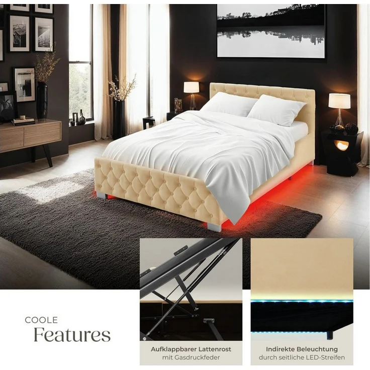 tectake Polsterbett Komfortbett mit LED-Leisten & Stauraum - Samtoptik mit Steppmuster (Bettset, in Beige), stabiler Stahlrahmen, Belastbarkeit 250 kg – Bild 3