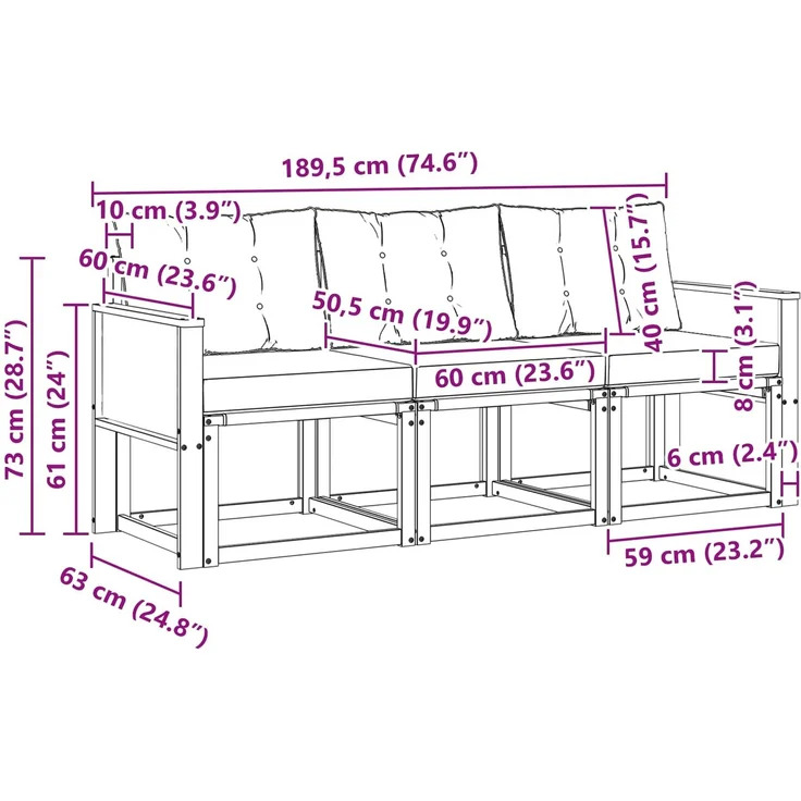 vidaXL Outdoor-Sofagarnitur 3 stk. 3-Sitzer Natur und Creme 3381746 – Bild 6