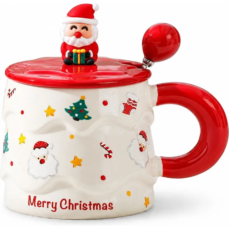 Keramik-Kaffeetasse mit Deckel und Löffel Weihnachts-Becher Rot 16 x 12 x 14 cm