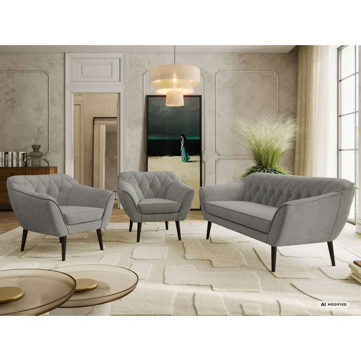 Wohnzimmerset PIRS 1-1-3, Skandinavisches 3-Sitzer Sofa mit Sesseln, Sofa mit Wellenfederung, schwarze Füße, Skandinavisches Möbelset - Grau Stukture – Bild 4
