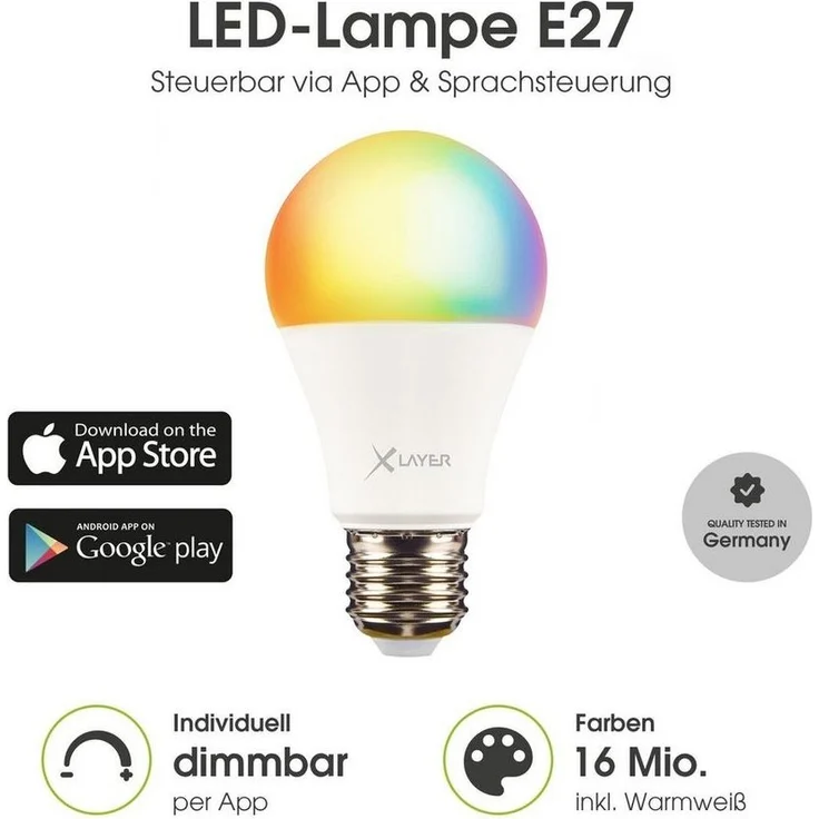XLAYER Smarte LED-Leuchte WLAN LED Lampe Smart Echo E27 9W Warm- und Kaltweiß Mehrfarbig Dimmbar – Bild 1