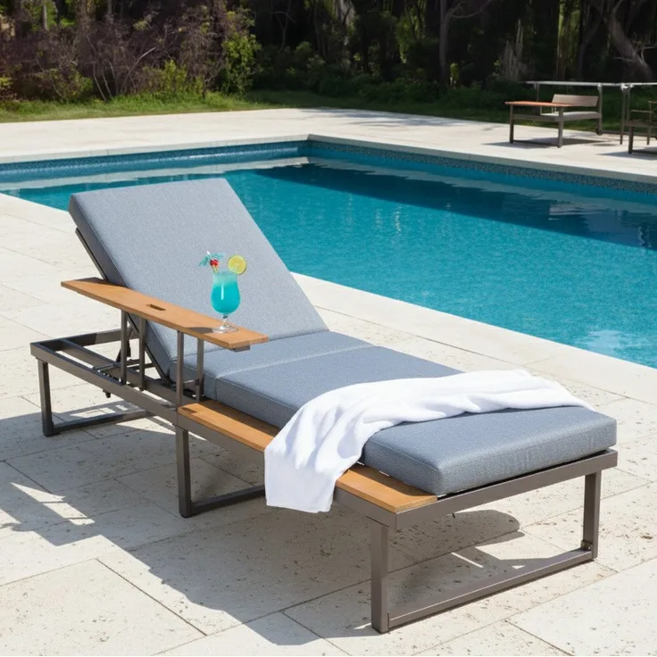 acamp FANO Relaxliege, verstellbare Sonnenliege aus pulverbeschichtetem Stahl mit 8 cm wasserabweisender Polsterauflage und FSC Akazienholz-Seitenablage, teakfarben geölt